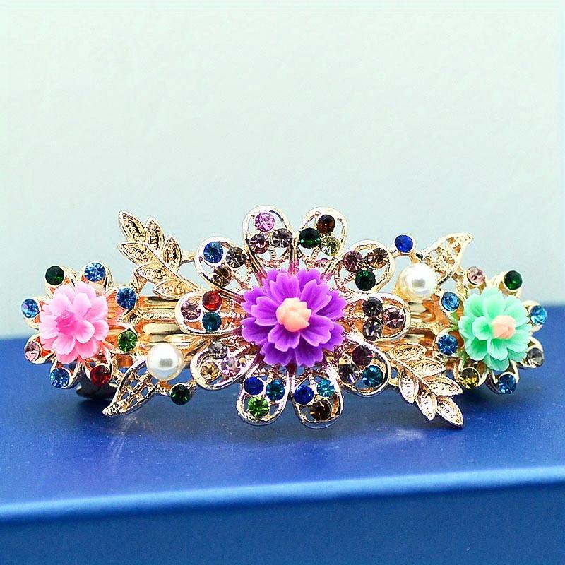 

Single Large Large Rhinestone Hair Clip Spring Loaded Rectangular Hairpin with Multicolor Flower Design for Ponytails, Prom, Weddings & Special O