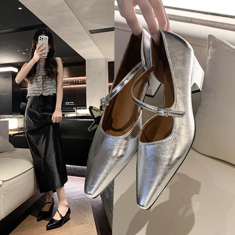 Fashion 2025 Silver Pointed Toe High Heel Mary Janes Women's Shoes Spring Autumn New Korean Style French Vintage Evening Red Thick Hee