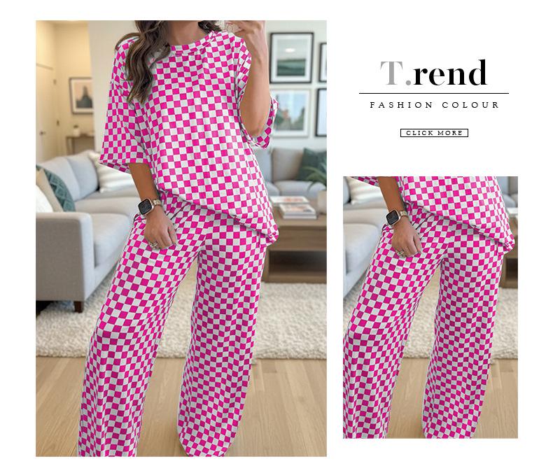 Women's Autumn Plaid Chessboard Two-Piece Set with Loose Slimming Five-Point Sleeve Top and Straight-Leg Pants
