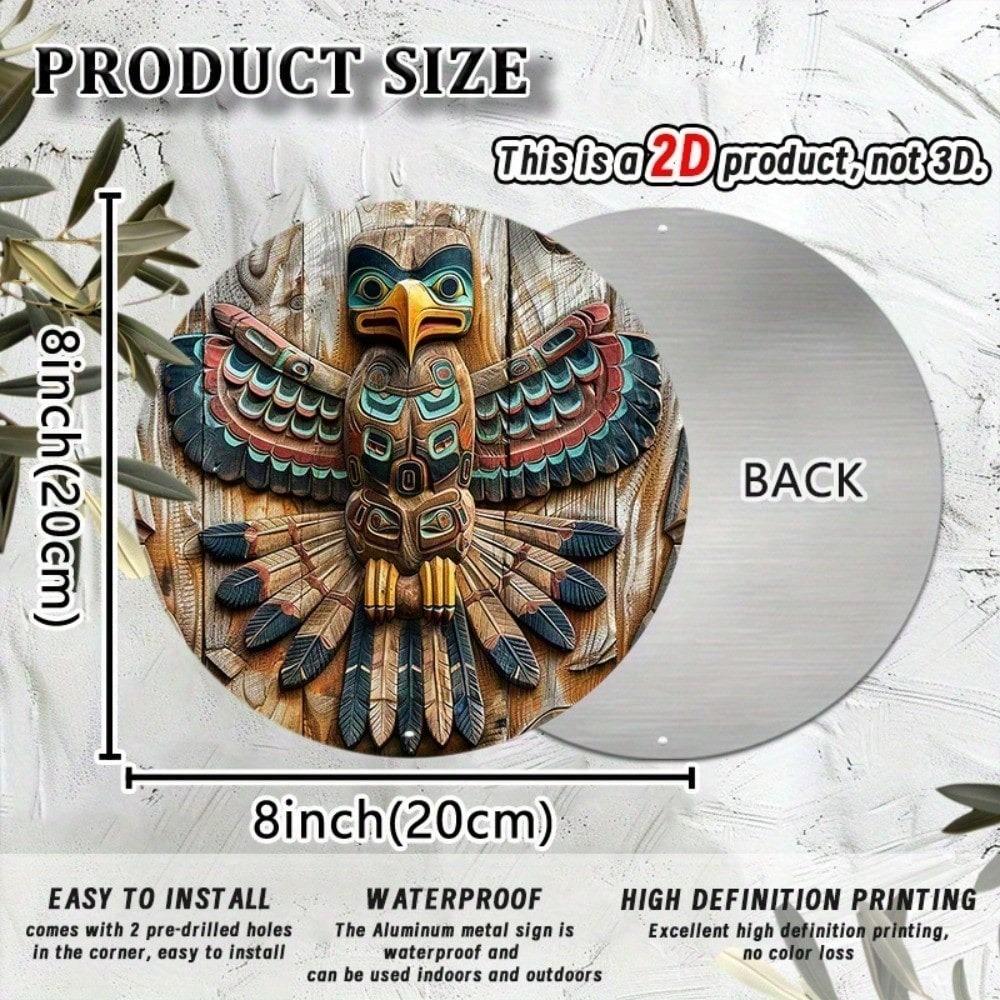 Retro Metal Tin Sign Native American Totem Pole, Round Wall Art Decor, Waterproof Outdoor Plaque, Pre-Drilled 4 Holes