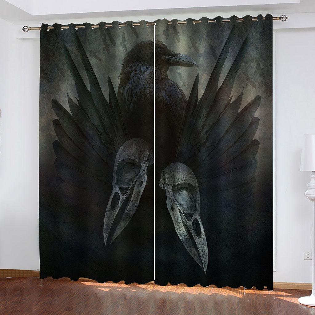 Skull Terror Skeleton Horror Crows Black Boy Window Curtains Drapes for Kids Bedroom Living Room Kitchen Door Home Decor 2Pieces