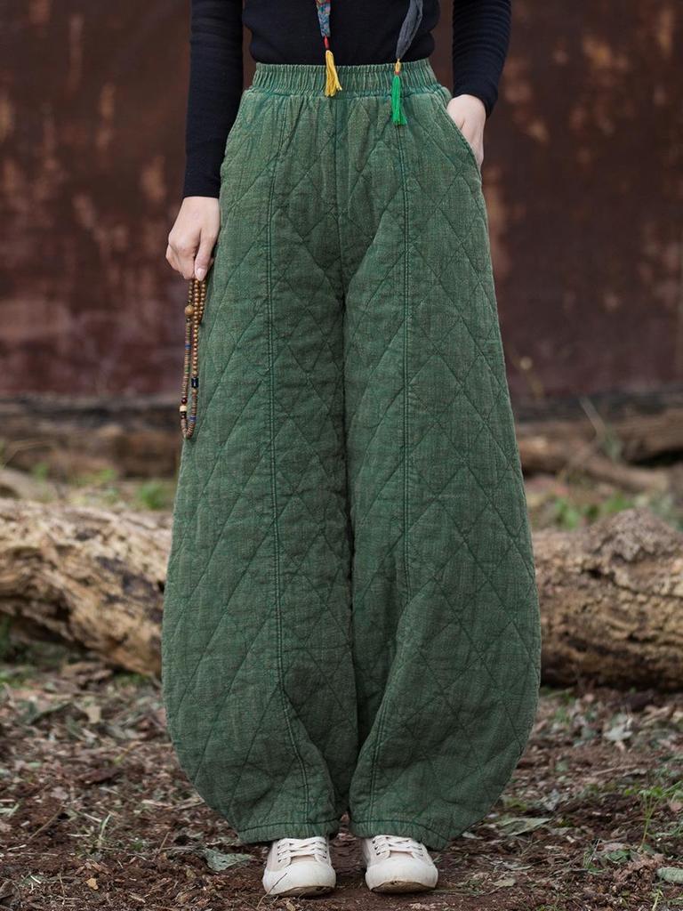 2025 Winter Women's Retro Quilted Diamond Pattern Lantern Pants - Thick Warm Cotton Linen