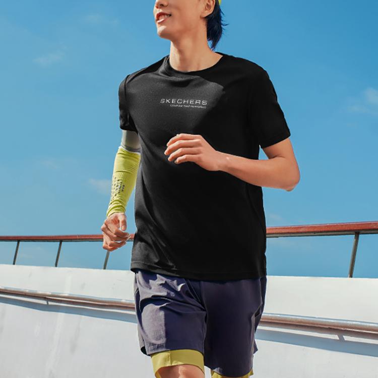 Skechers Performance Elastic Moisture-Wicking Quick-Dry Breathable Cool Short Sleeve T-Shirt Men Tops Carbon-Black P225M170-0018