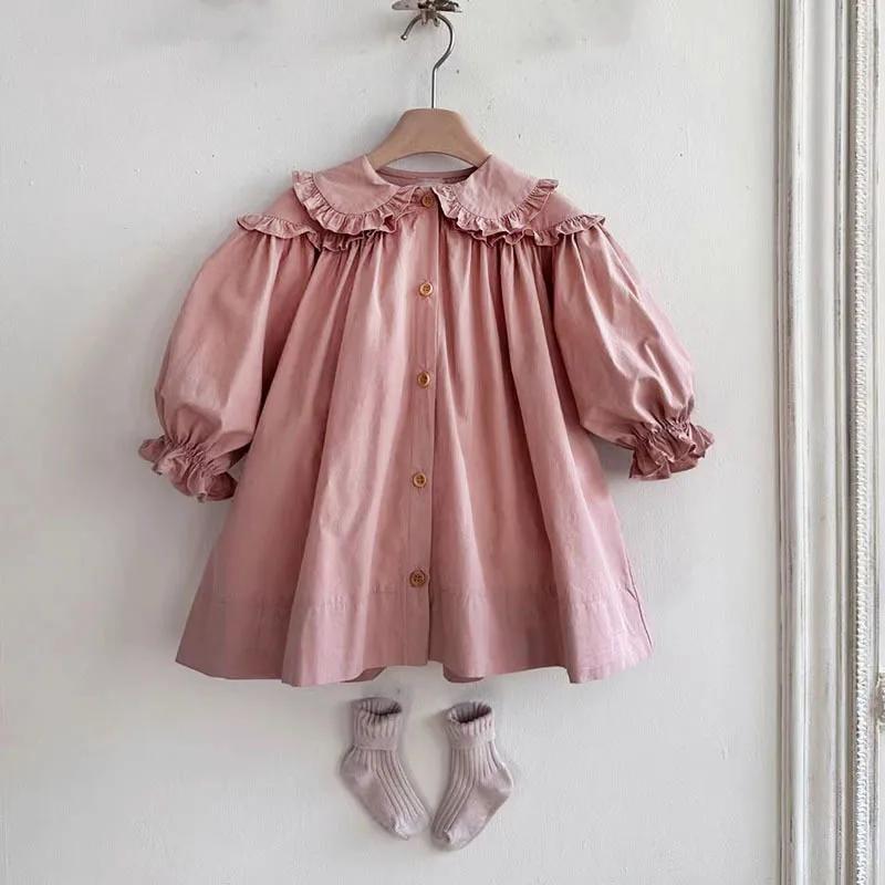 

Spring Children Long Sleeve Casual Dress Girls Cute Loose Puff Sleeve Dress Toddler Cardigan Dress Kids Clothes 130cm рожевий