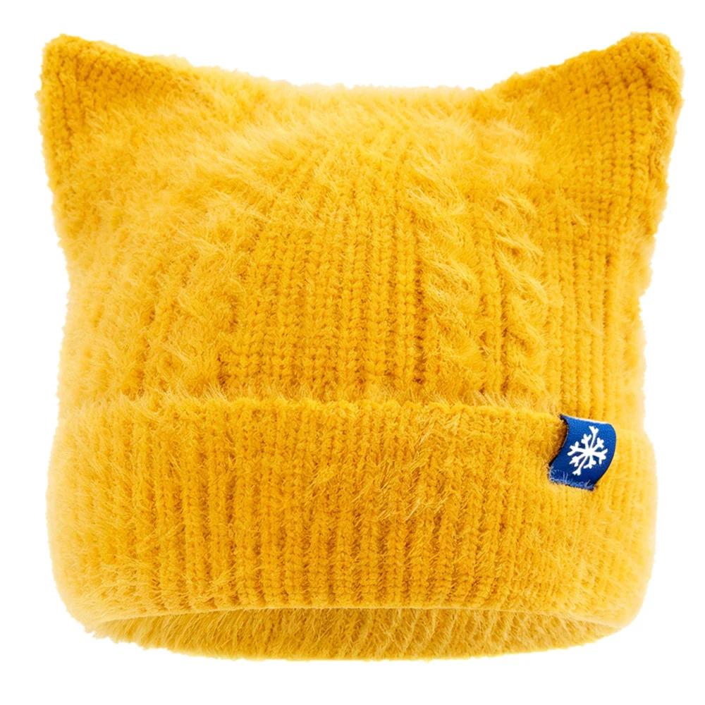 New Women And Girls Cat Ear Knit Beanie Hat, Cute Faux Fur Fluffy Candy‑Color Winter Hat, For Winter Daily Street Wear