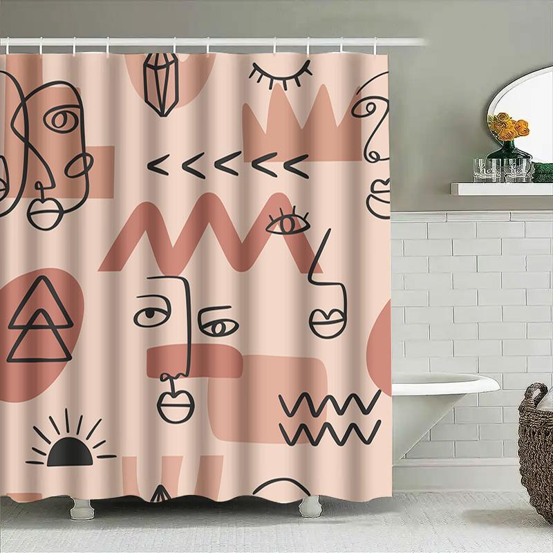 Minimalist Bohemian Bathroom Decor Shower Curtain With Abstract Line Art Print In Pink Black Modern Wall Hanging Home Textiles F