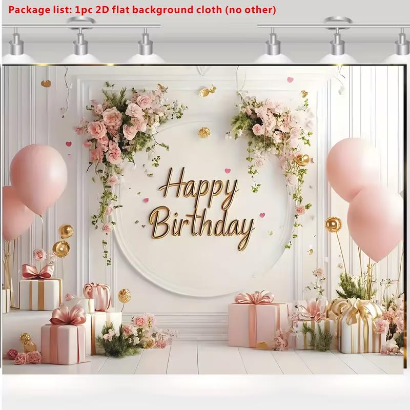 2D Pink Gold Themed Happy Birthday Backdrop Banner for Birthday Party Photography Decoration