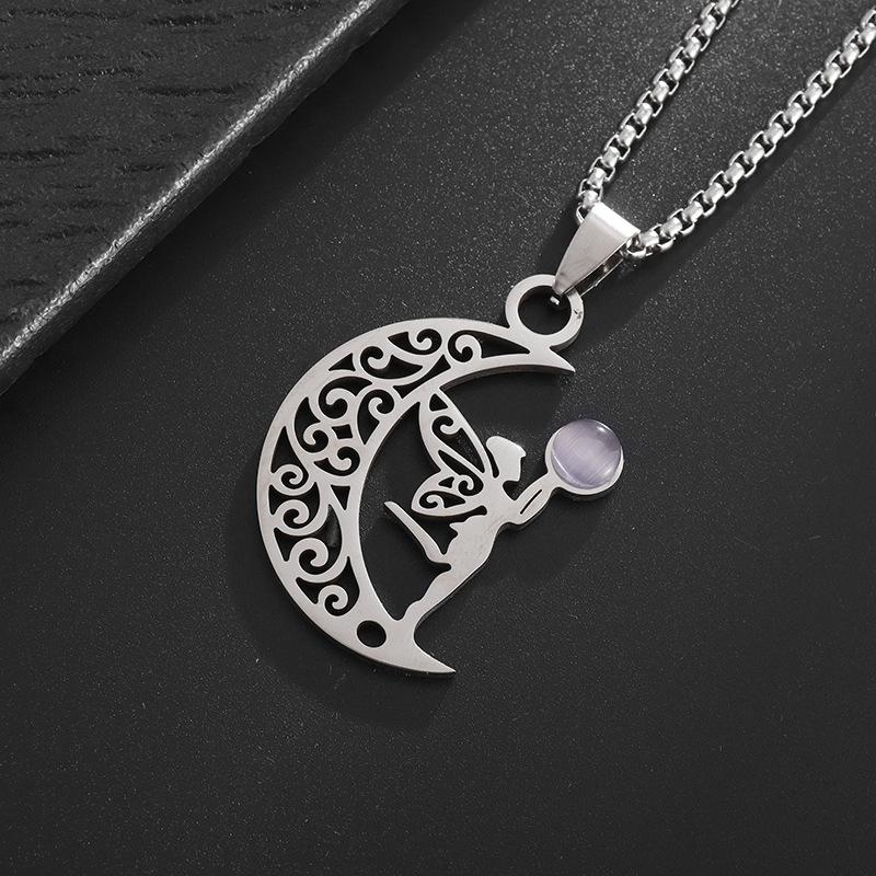 Hot Selling In Europe and America Simple and Fashionable Girl Style Titanium Steel Cut Hollow Moon Elf Pendant Stainless Steel