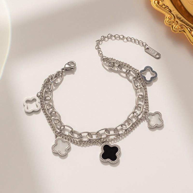 Stainless Steel Double Layer Four Leaf Clover Bracelet Women Minimalist Fashion Jewelry Gift 972 Double-Layer Four-Leaf Clover Bracelet, Silver