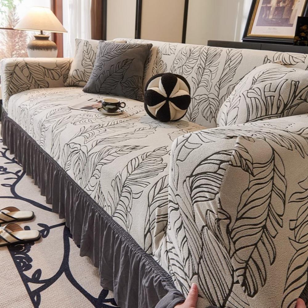 Jacquard Sofa Cover with Skirt Universal Full Coverage Stretch Slip Proof Fabric Couch Dust Protector