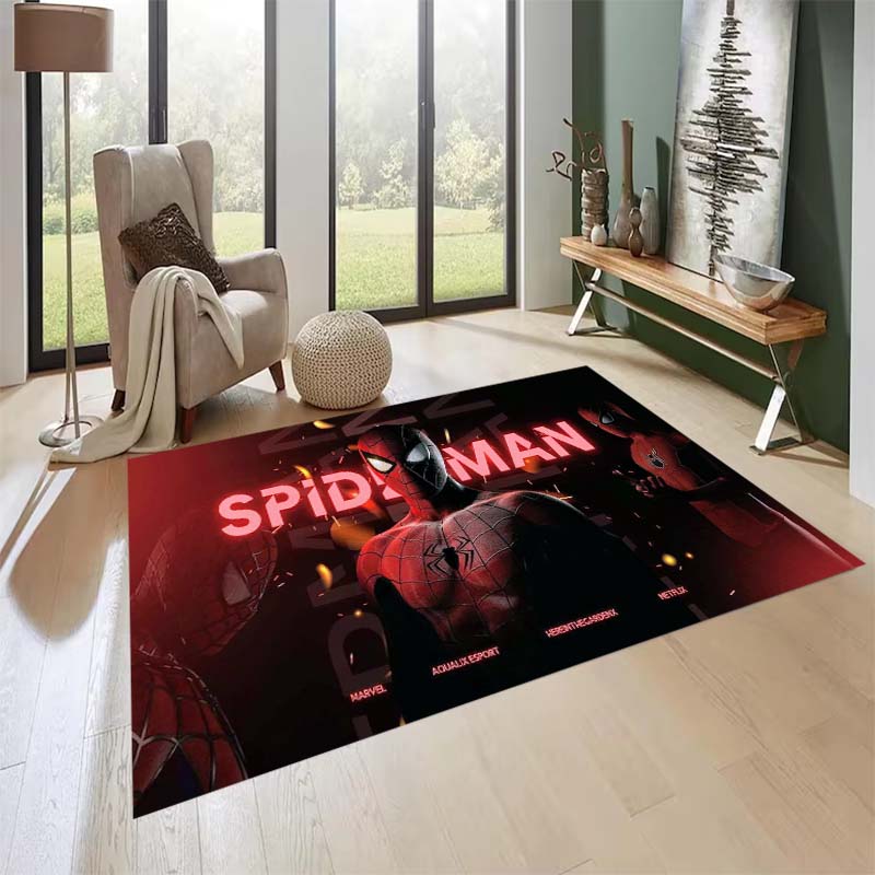 New custom-designed, cool Spider-Man rugs are available for your entryway, bathroom, and bedroom – featuring a spiderweb pattern