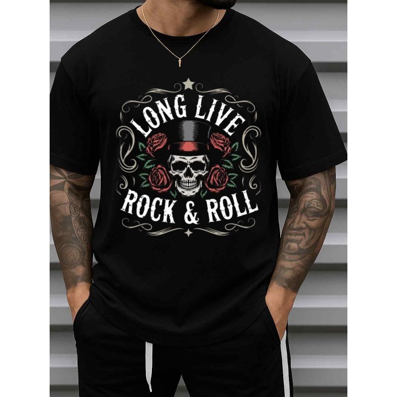 

European sizes Rock & Roll Skull Music T-Shirt, Crew Neck, Short Sleeve, All-Season, Casual Fit 4XL чорний