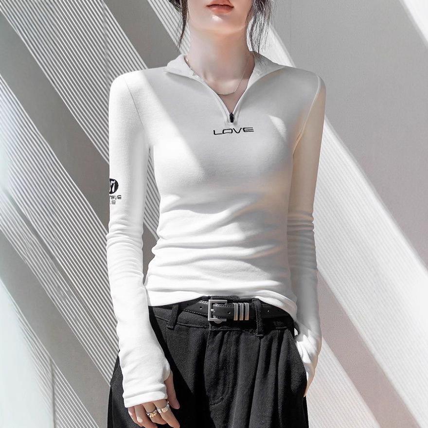 Women's Double-Sided Velvet Zipper Turtleneck Long Sleeve Top - Slimming and Warm for Autumn/Winter