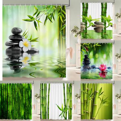 Rideau de douche Bambou Plante Verte Salle de Bain Rideau de Bain Imperméable Polyester Imprimé 3D Arbres 180*200Cm Paravent de Bain Avec Crochets