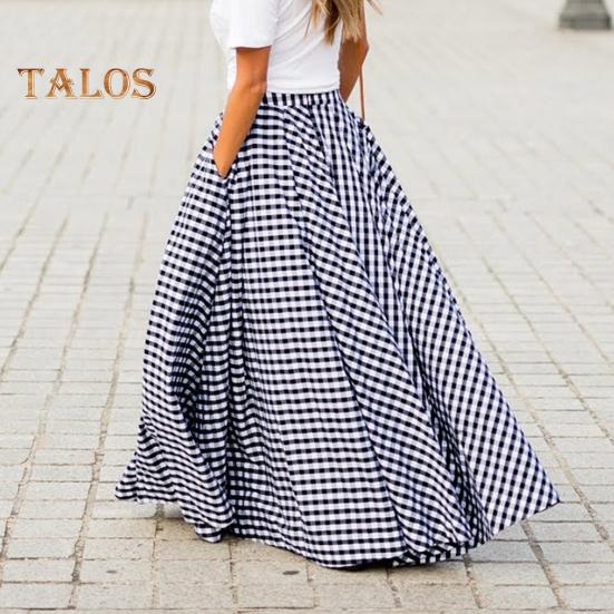 Jupe longue élastique taille haute pour femme, imprimé écossais, jupe trapèze avec poches, grand ourlet, jupe rétro, streetwear