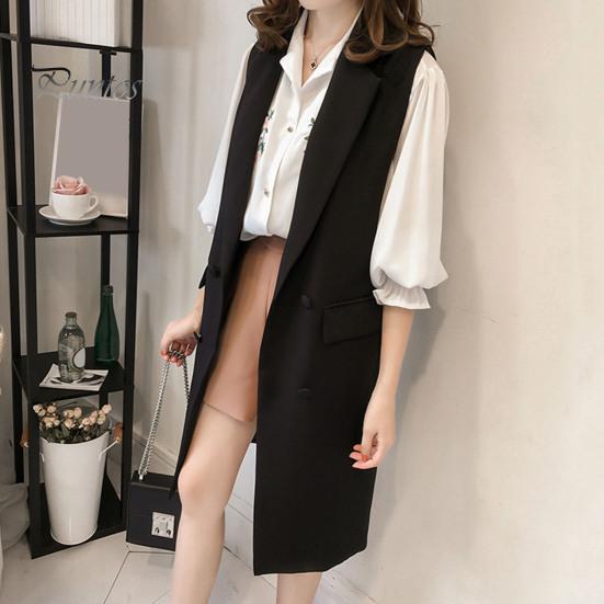 Podzim Jaro Ženy Vesta Stahovací límec Dvouřadý Volný Bez rukávů Délka Kapsy pod kolena Cardigan Jednobarevné Vesta na denní nošení