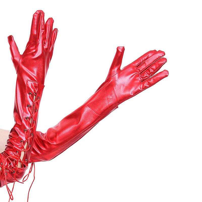 

Глянцевые перчатки из лакированной кожи с лентами-заклепками - Искушение ночного клуба One Size