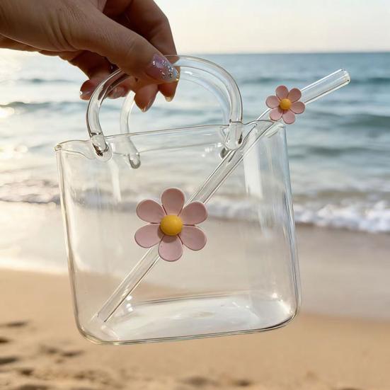 Skleněný hrnek ve tvaru kabelky 750 ml Průhledný Kreativní termohrnek na džusy Koktejly Ledovou kávu Roztomilá skleněná peněženka Dekorativní akvarium Váza Kabelkové vázy na párty