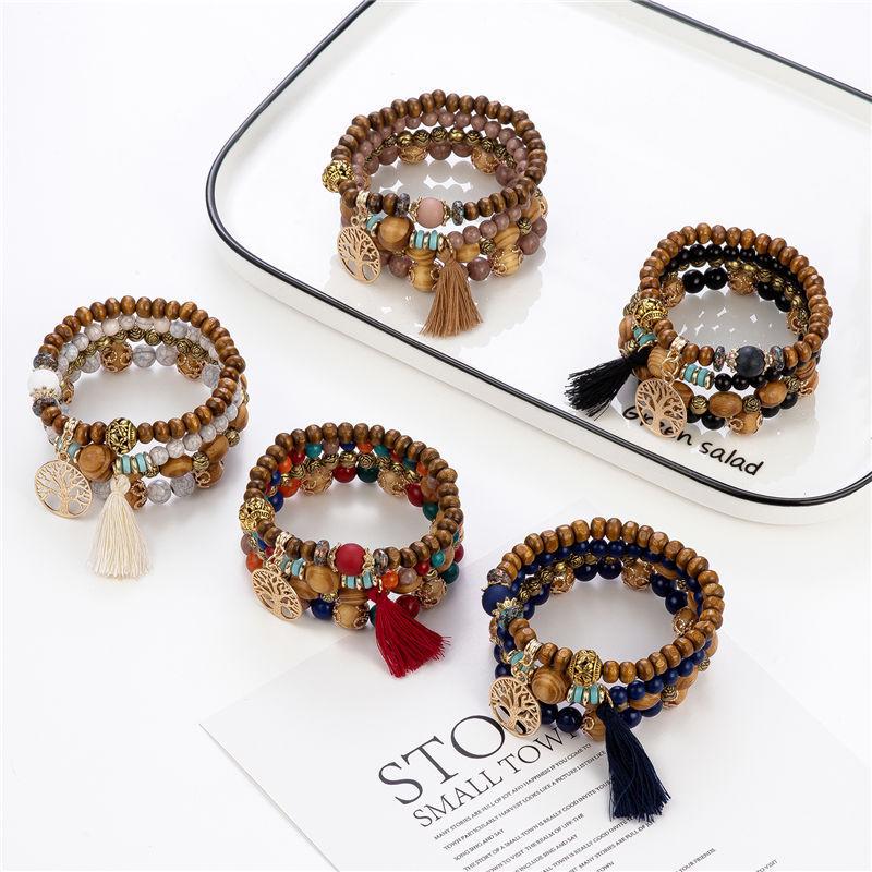 Bohemian Multi-Layer Wooden Bead Elastic Bracelet