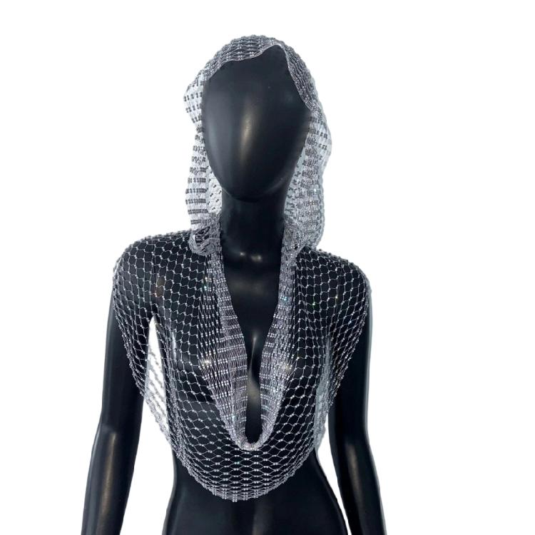 Funkelnder Strasssteinverzierter Kapuzen-Schal-Wrap-Hoodie, Bequem, Durchbrochener Stoff, Für Musikveranstaltungen Und Nachtclub-Kleidung silber