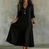 Women’s Summer Relaxed Fit Long Dress Cotton Linen V Neck Ruffle Trim Three Quarter Sleeve Casual Maxi Gown