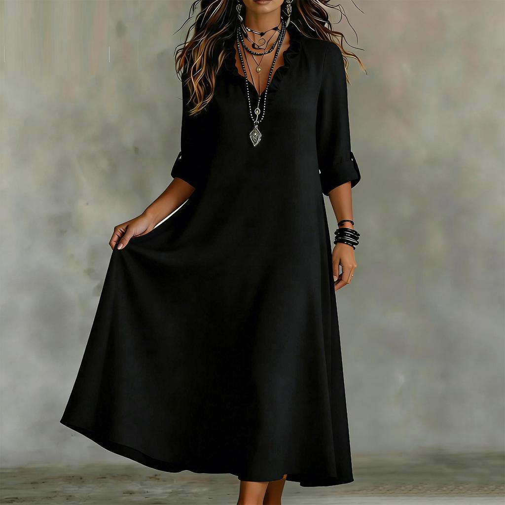 Women’s Summer Relaxed Fit Long Dress Cotton Linen V Neck Ruffle Trim Three Quarter Sleeve Casual Maxi Gown