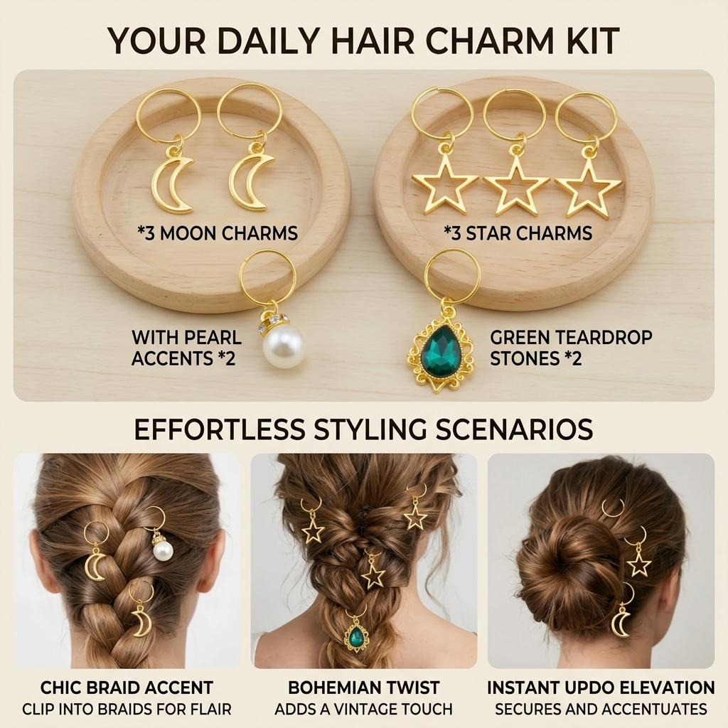 Bohemian Style Green-Gem Pearl Hair Ring with Moon Star Pendant for Women Retro Sweet Wreath Headwear