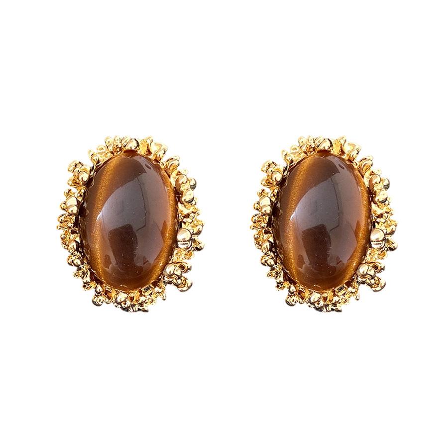 Silver Needle Oval Folded Tiger's Eye Earrings Maillard Vintage Court Style Earrings Light Luxury Premium Earrings Women