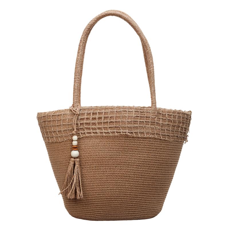 Woven Straw Tote Bag with Beaded Tassel and Open Top Design for Summer Beach or Casual Daily Use