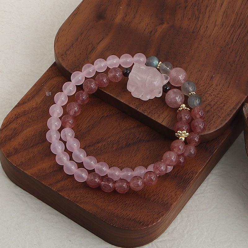 Natural powder crystal strawberry crystal double circle bracelet DIY handmade round beads wholesale natural crystal bracelet popular jewelry