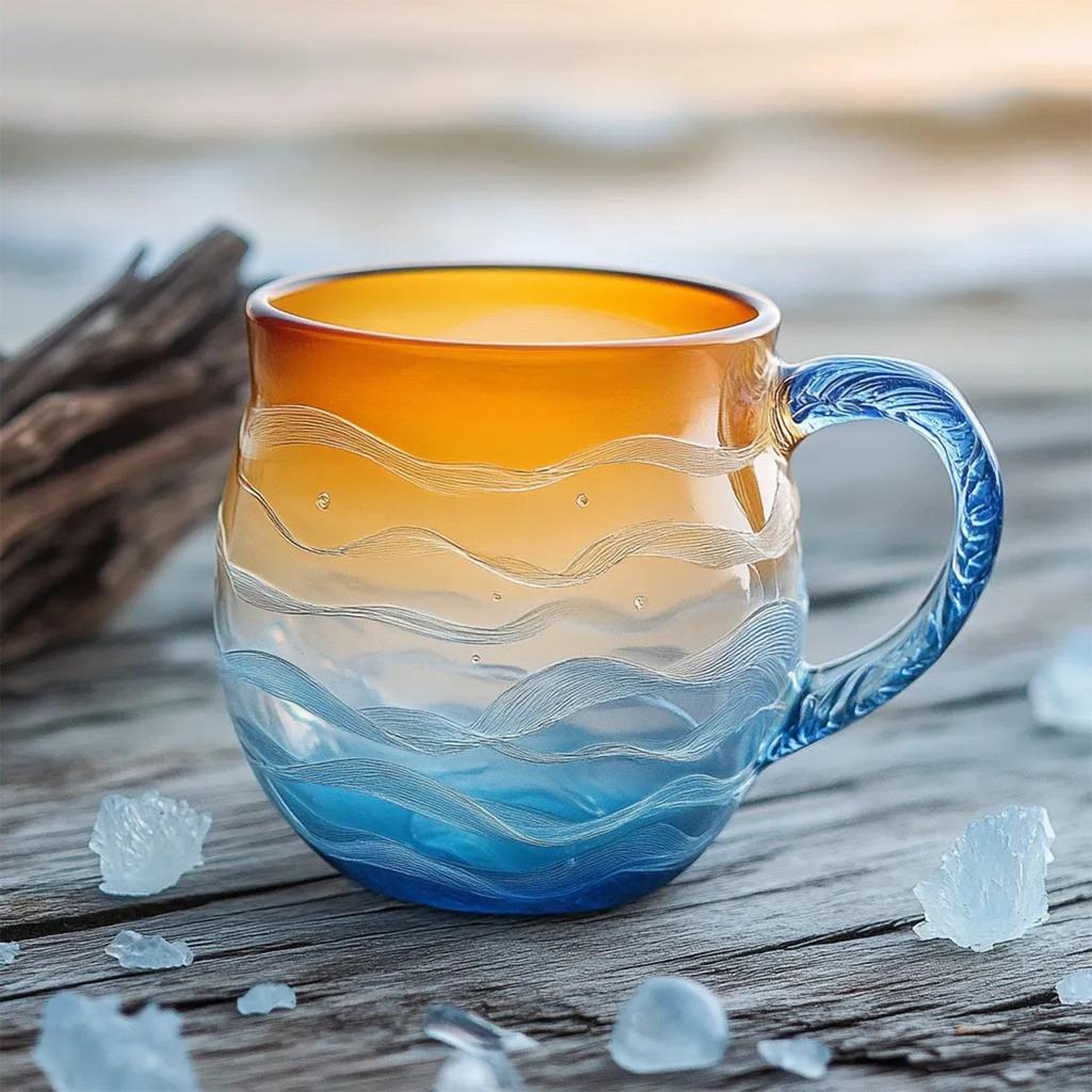 Einzigartiger Wasserbecher, Sonnenuntergangs-Becher aus Meeresglas, 350 ml handgeblasener Becher aus Meereswellenglas, strukturierte Meereswellen-Design