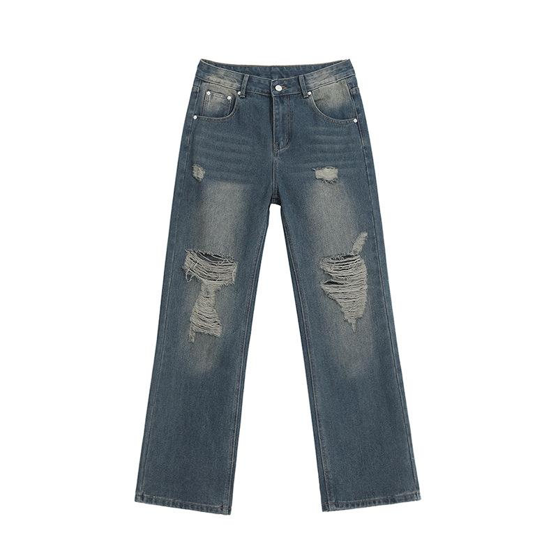 Washed ripped jeans men's autumn loose niche wide-leg trousers Korean version trendy old straight-leg trousers
