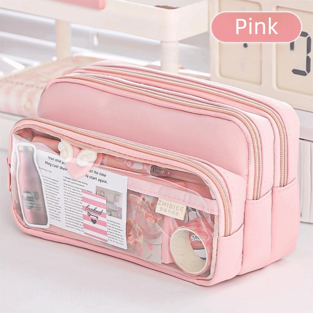 Color-Block Pen Bag Transparent Pocket Multi-layer Pen Pouch New Pencil Case  Girl