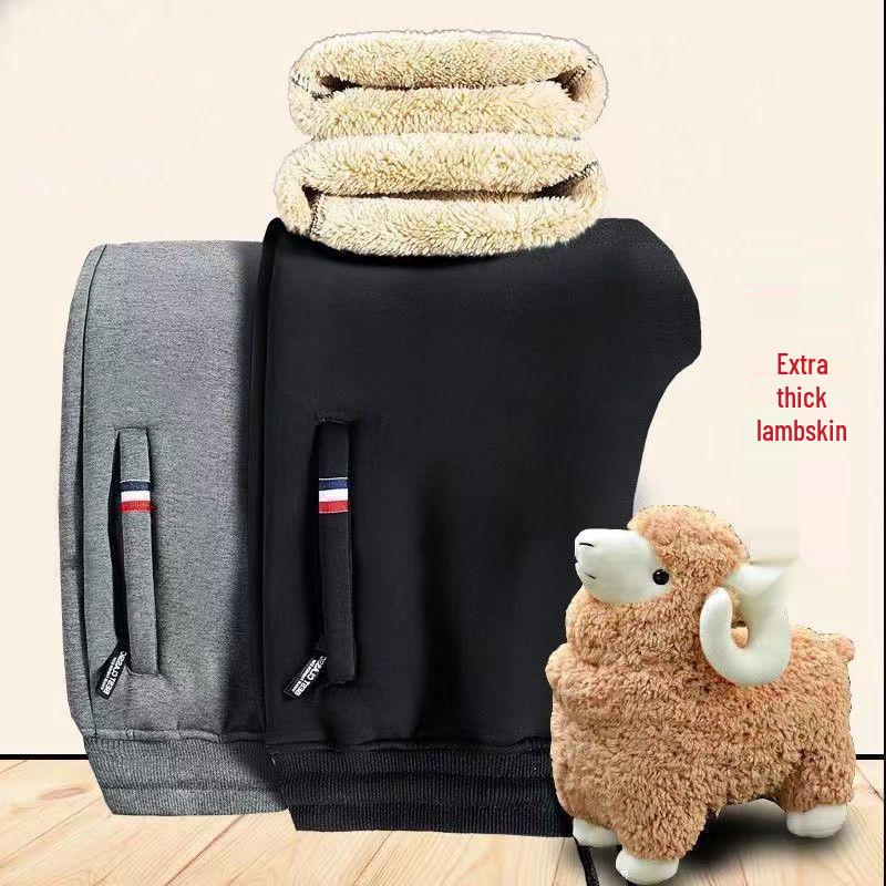 Men's Winter Lambskin Fleece Pants: Extra Thick, Warm, Loose Straight-Leg with Zipper for Young, Middle-Aged, and Elderly.