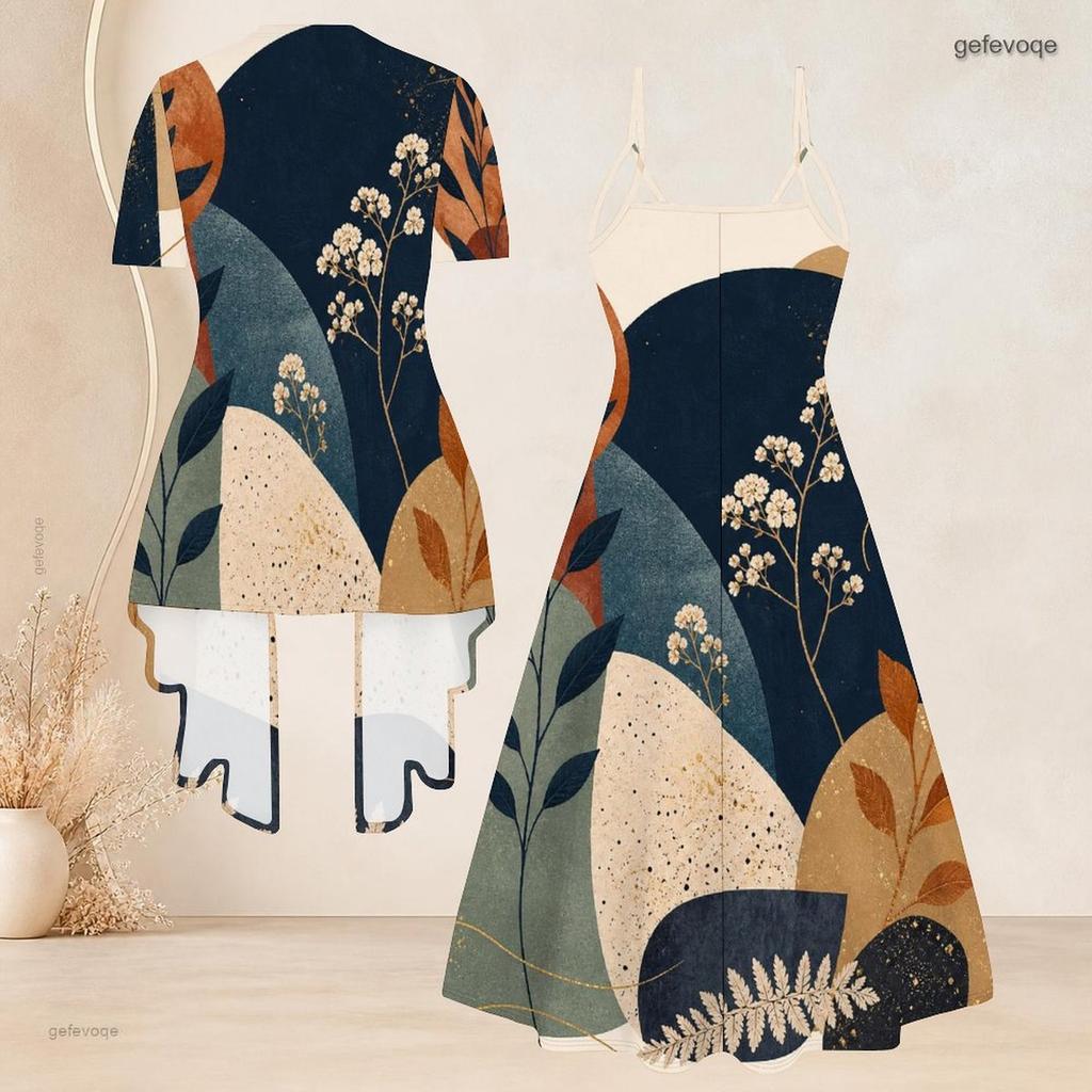 Women Plus Size Two Piece Set Blue Beige White Printed Short Sleeve Cardigan V Neck Strappy Flared Dress