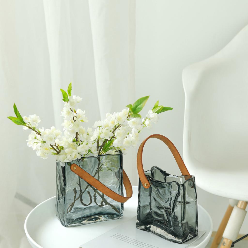 Glass Vase Transparent Tote Bag Shape Wrinkled Irregular Texture Flower Vase Hydroponics Accessories Terrarium Home Decoration