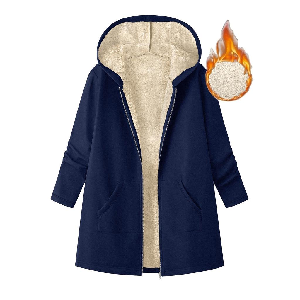 Women's Fashion Casual Solid Color Mid-Length Hooded Jacket Solid Color Plush Jacket