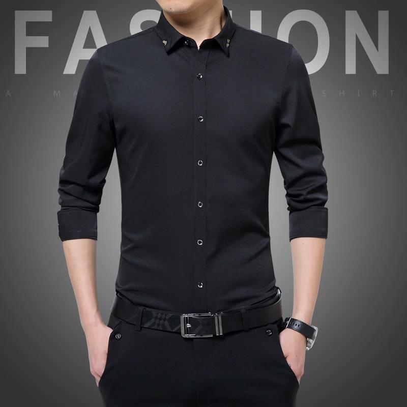 

Men s Spring Long-sleeved Slim Shirt Youth Elastic Business Commuting Shirt 5XL чорний