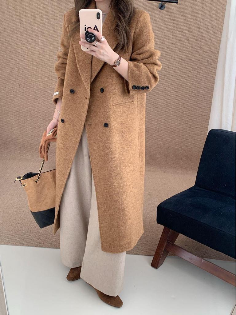 Korean Style Women's Urban Commuting Wool Coat - Long, Straight Shoulder Design with Suit Collar