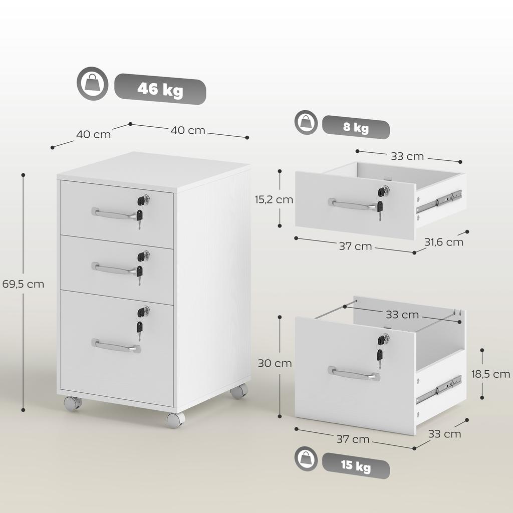 Mobile Office Pedestal, 3 Lockable Drawers, Storage Unit on Wheels, 40 x 40 x 69.5 cm, White
