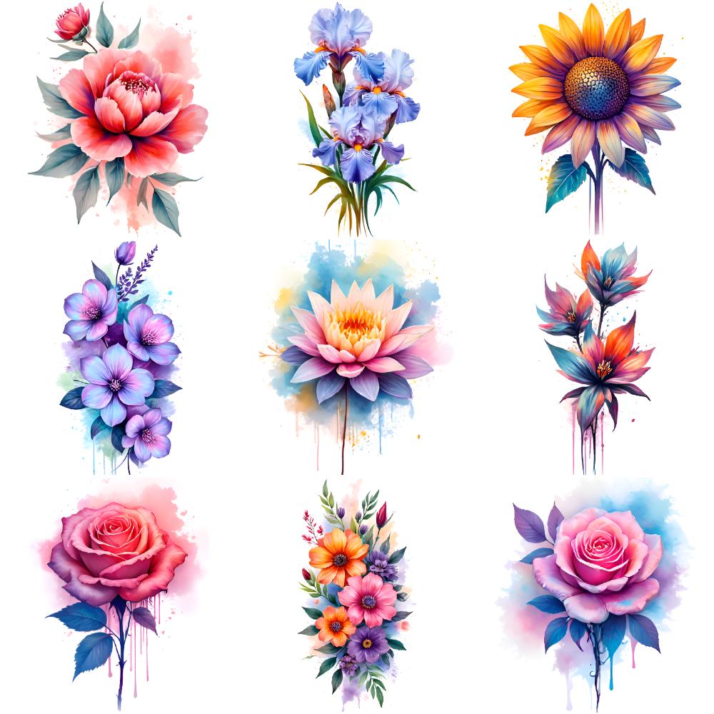 9pcs Temporary Tattoo Flower Tattoos Watercolor Temporary Tattoo Stickers For Children Shoulders Arms