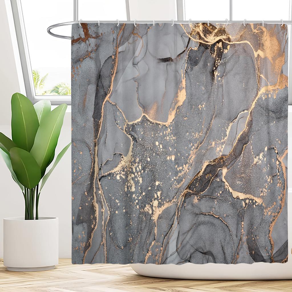 4vnt pilko marmuro rašto dušo užuolaidos su 12 kabliukų, vonios kambario vandeniui atspari poliesterio pertvarų užuolaida, vonios kilimėlių rinkinys