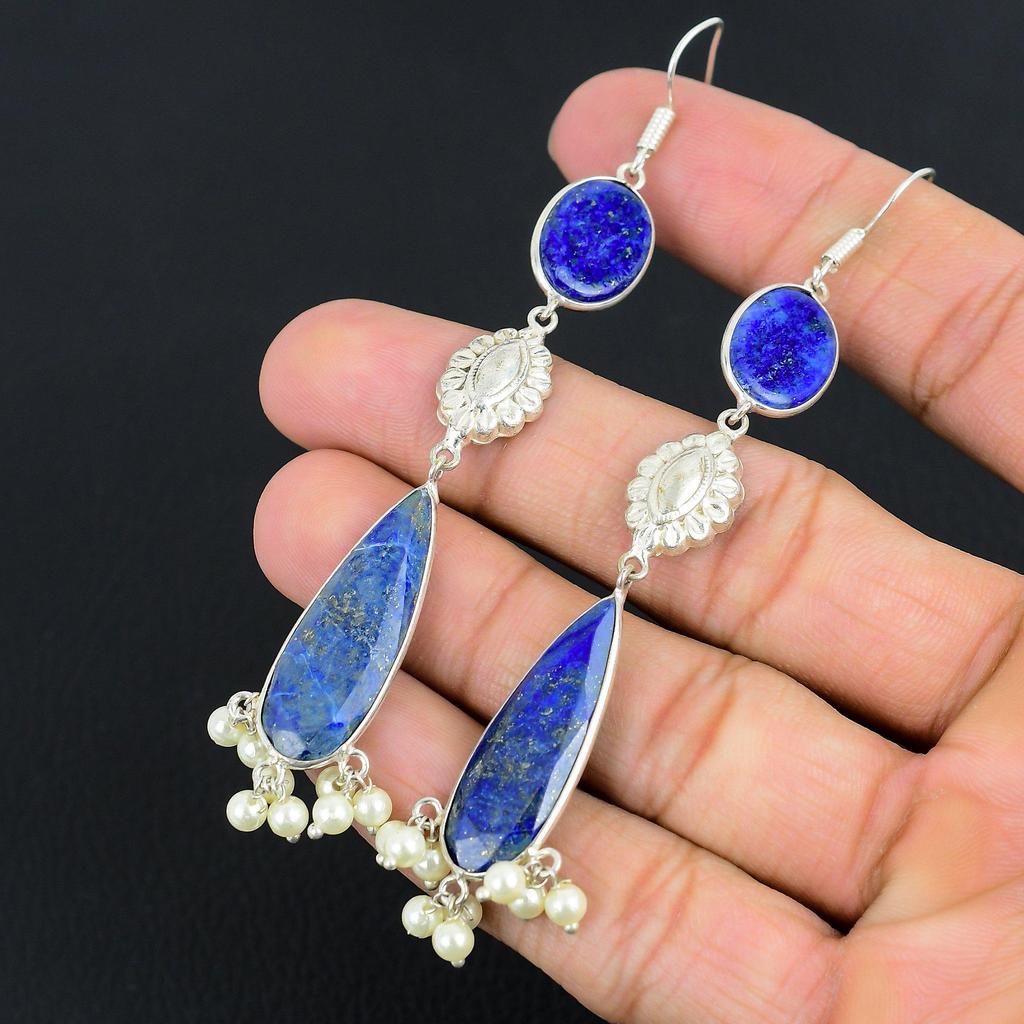 Lapis Lazuli Gemstone Dangle Handcrafted Earrings Jewelry 925 Sterling Silver