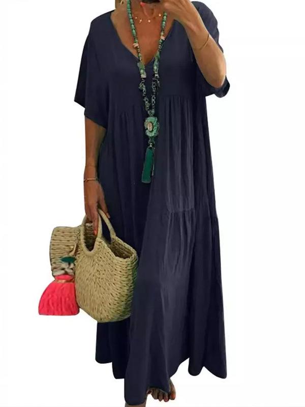 European & American Plus Size V-neck Pure Cotton & Linen Short Sleeve Dress