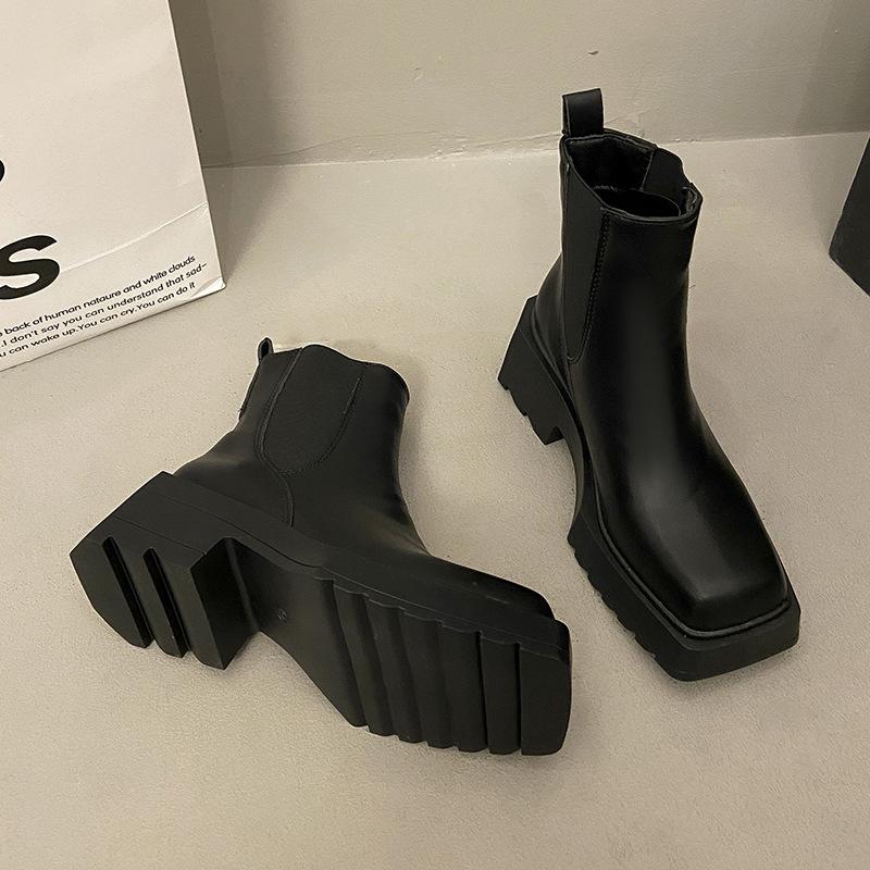 

High-heeled thick-soled temperament versatile Martin boots women s 2025 autumn and winter new waterproof table lace-up rear zipper elastic short boots 35