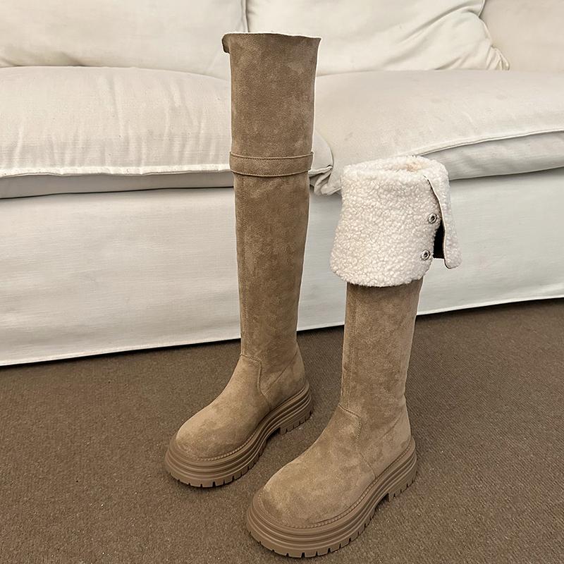 

Зимние теплые плюшевые женские сапоги выше колена, женские модные толстые каблуки, слипоны, лаконичные, длинные, на платформе, Botas De Mujer 35 хаки