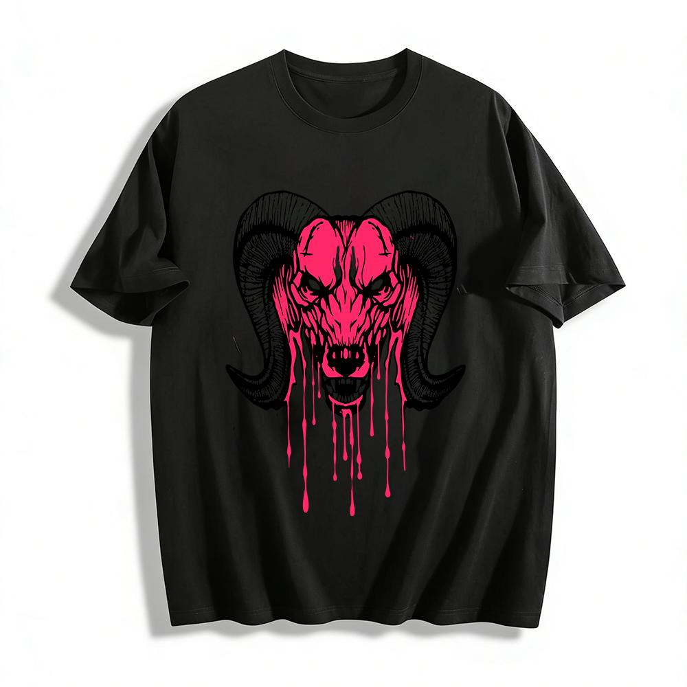 

Dark Style Bloody Ram Head Print Trendy Street Casual Top Pure cotton T-shirt 6XL