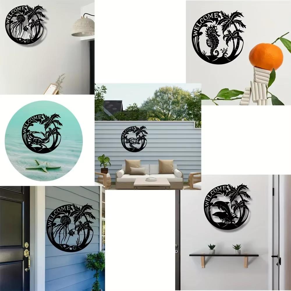 Coastal Welcome Sign Sea Life Pattern Beach Theme Indoor Decoration Living Room Mural Sea Turtle Accent