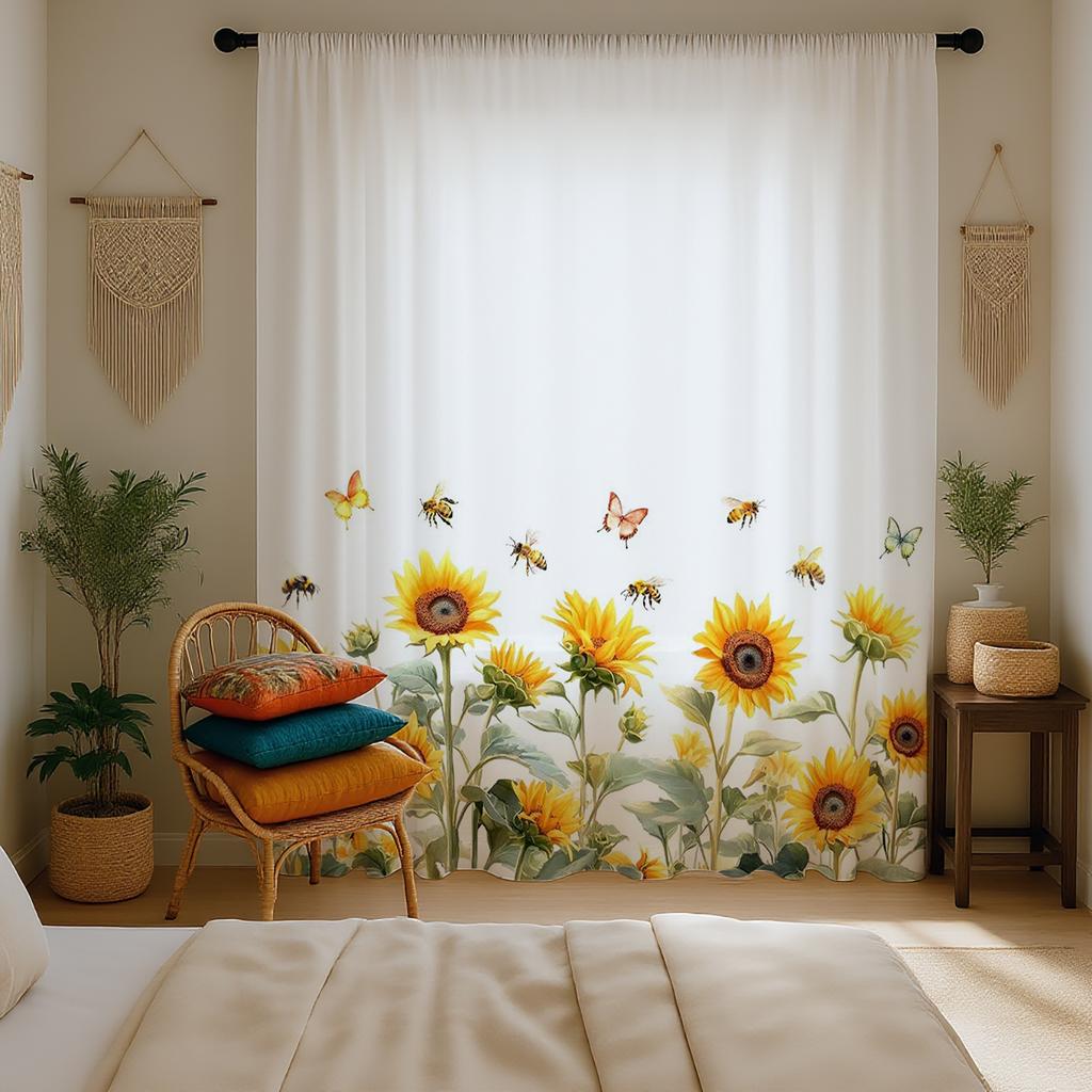 Light Blocking Sunflower Children Room Background Semi Transparent Filter Window Curtain Pole Living Bedr Single Panel Polyester Washable Sitting