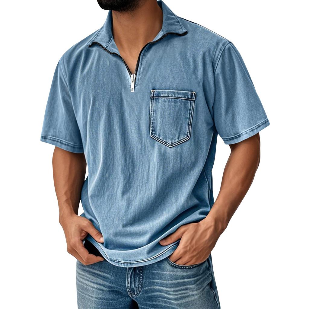 Men's Summer Color Vintage Zipper Pocket Lapel Short Sleeve Shirt Tops
